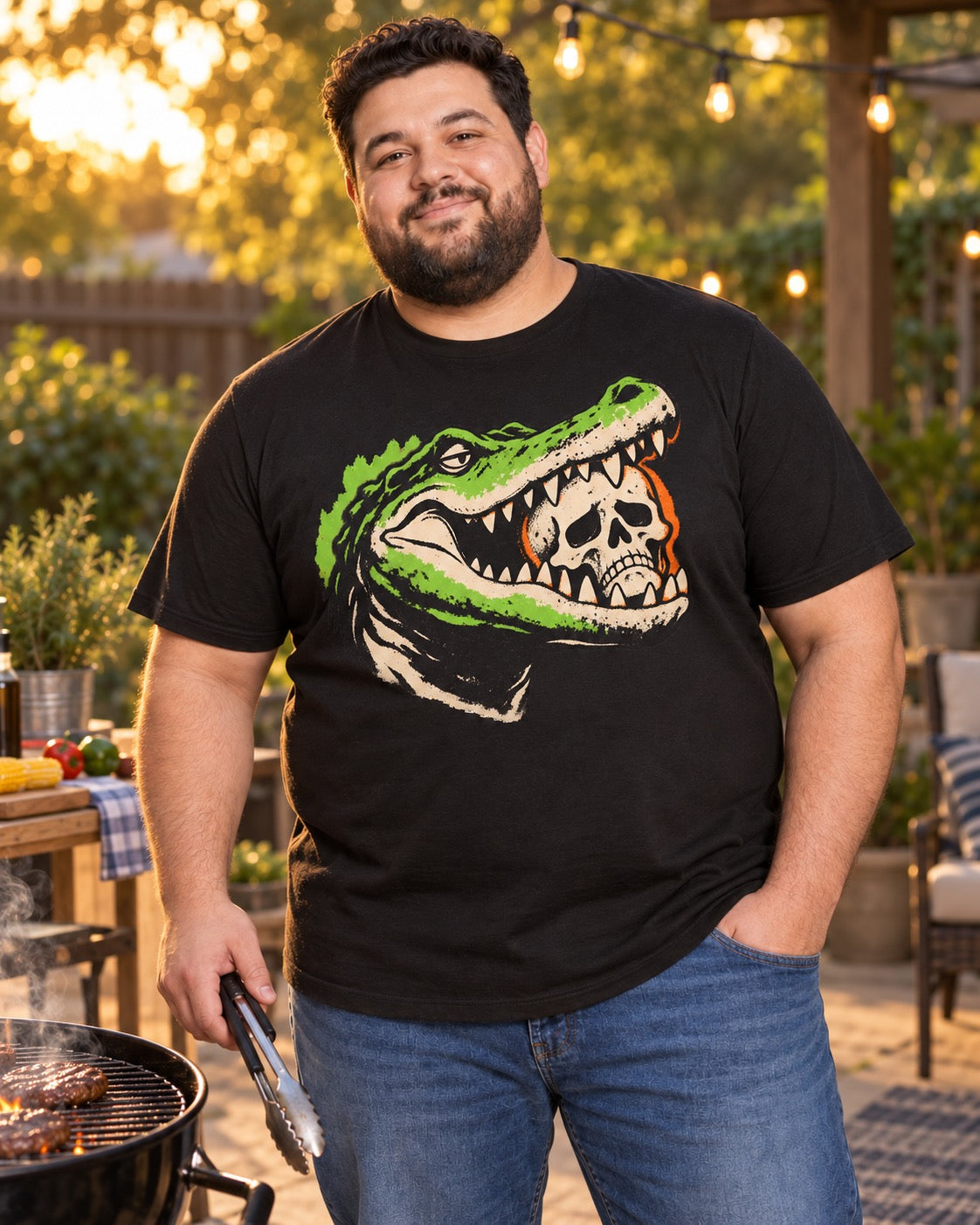 Man wearing men's black gator skull t-shirt grilling at backyard BBQ