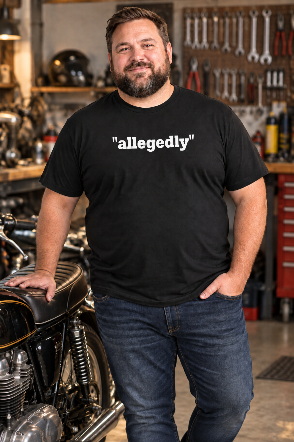 'ALLEGEDLY' Funny Quote T-Shirt – Black Minimalist Sarcastic Tee