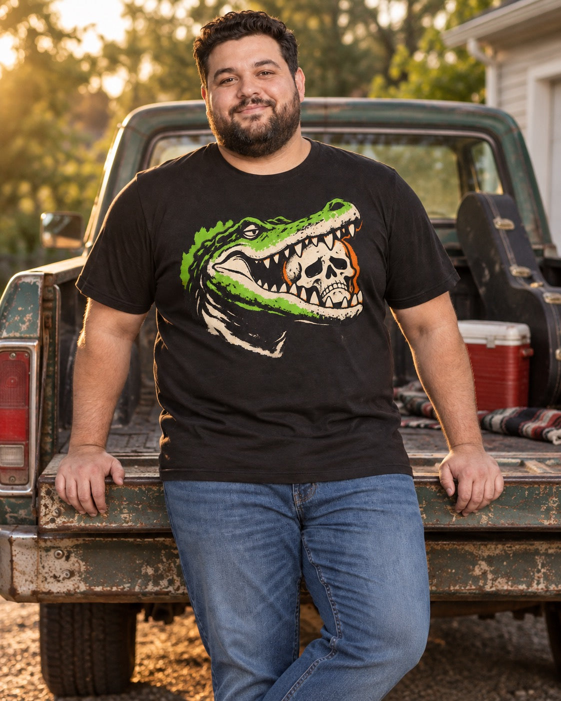 Man wearing men's black gator skull t-shirt leaning on vintage pickup truck