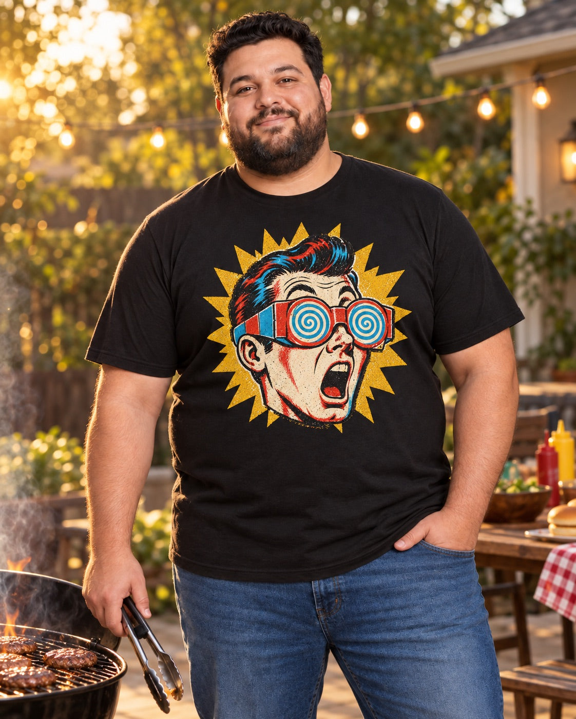 Man wearing men's black shocked pop-art guy t-shirt grilling at backyard BBQ
