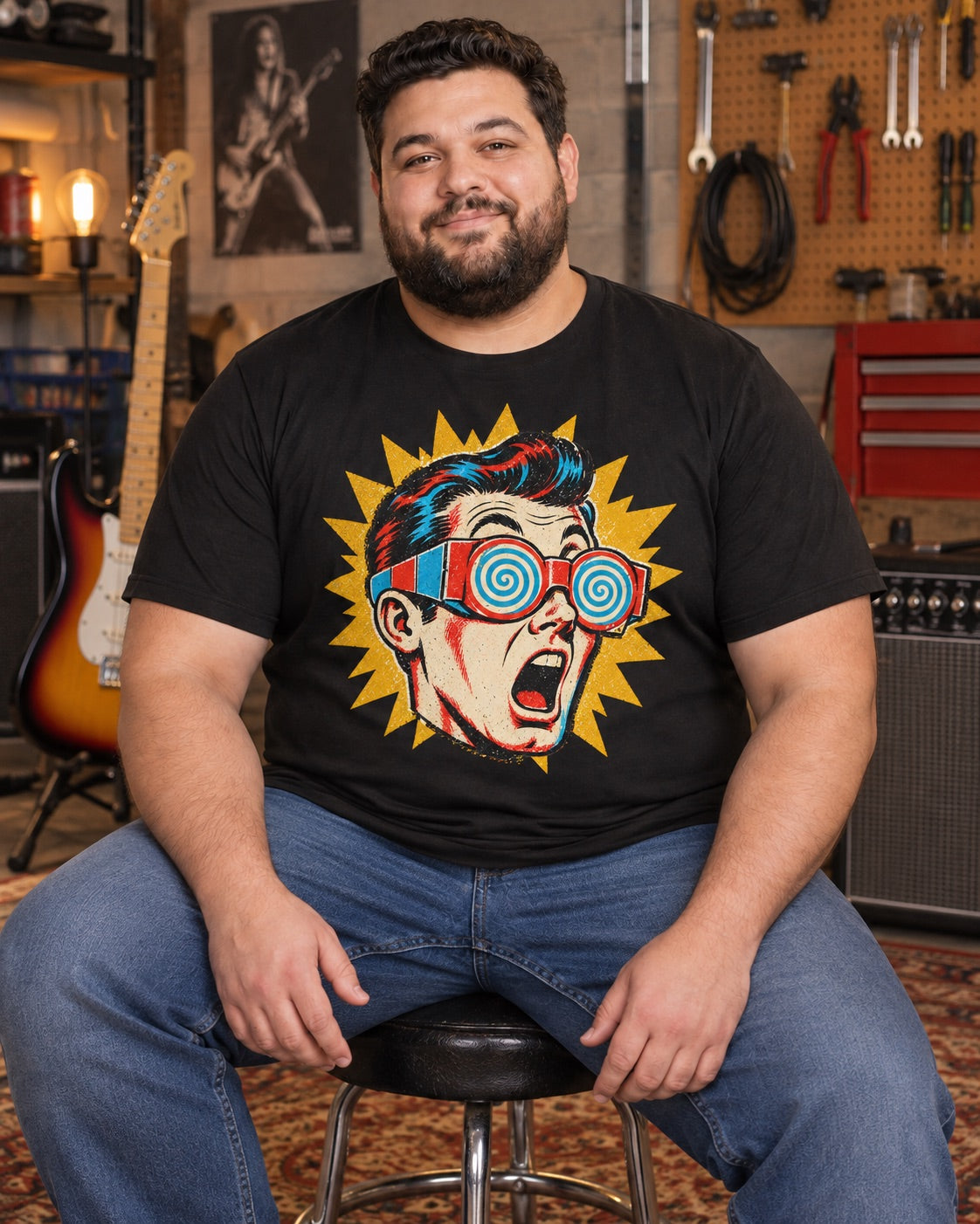 Man wearing men's black shocked pop-art guy t-shirt in garage music studio