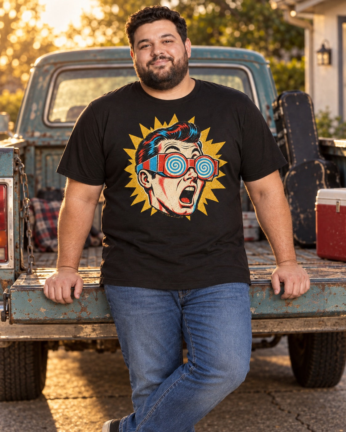 Man wearing men's black shocked pop-art guy t-shirt leaning on vintage pickup truck
