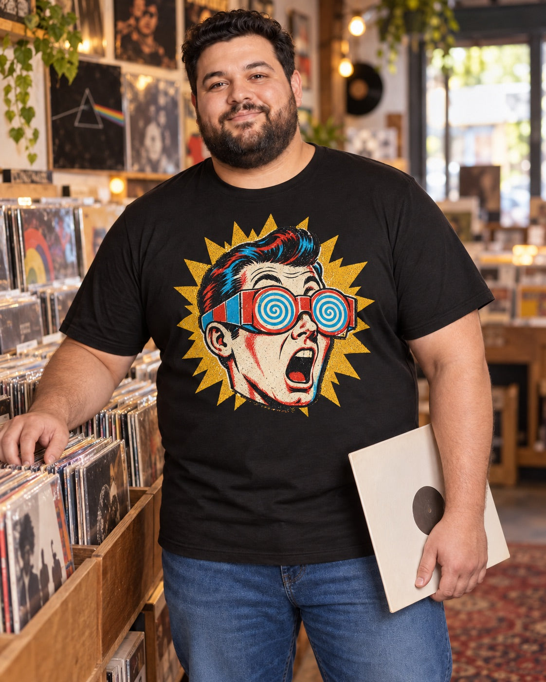 Man wearing men's black shocked pop-art guy t-shirt in vinyl record shop