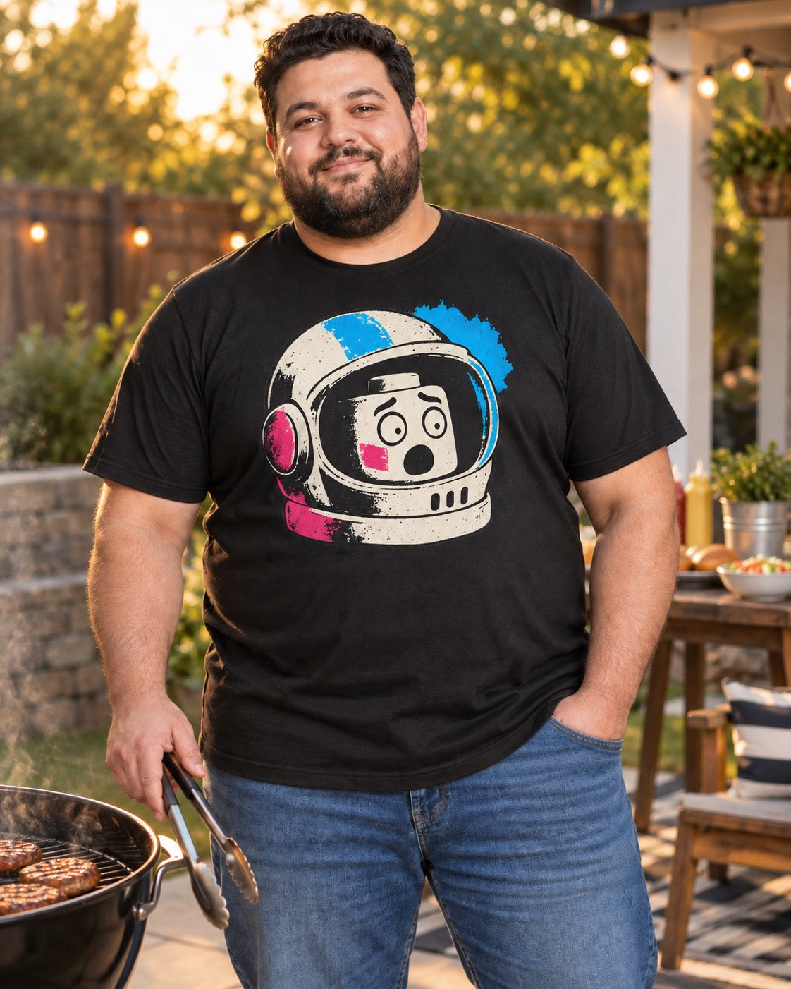 Man wearing men's black surprised LEGO astronaut t-shirt grilling at backyard BBQ
