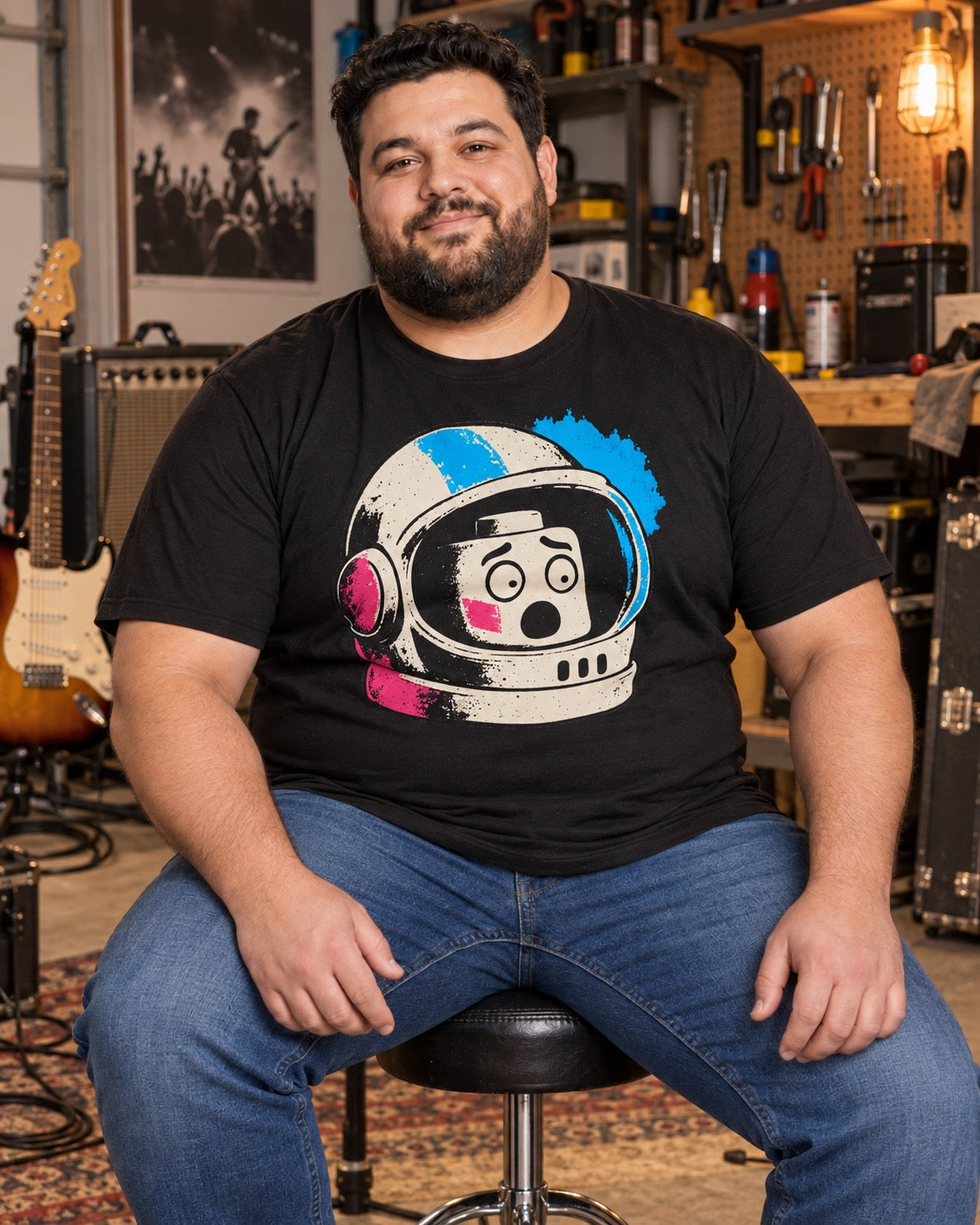 Man wearing men's black surprised LEGO astronaut t-shirt in garage music studio